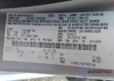 2016 Ford Fiesta Se z USA, uszkodzony, nr VIN 3FADP4EJ6GM194746